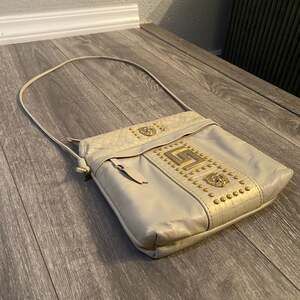 Vintage White With Gold Leather Greek Key Studded Crossbody Bag